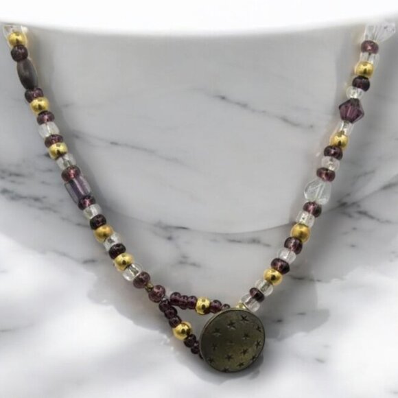 Vintage Glass Crystal Necklace Gold Tone Beads Purple Gold White Clear - Picture 6 of 7